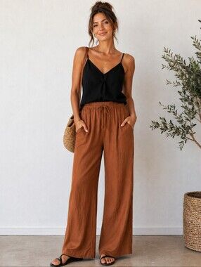 Women's Linen Blend Drawstring Wide-Leg Pants In Rust Sz XL Coastal Resortwear